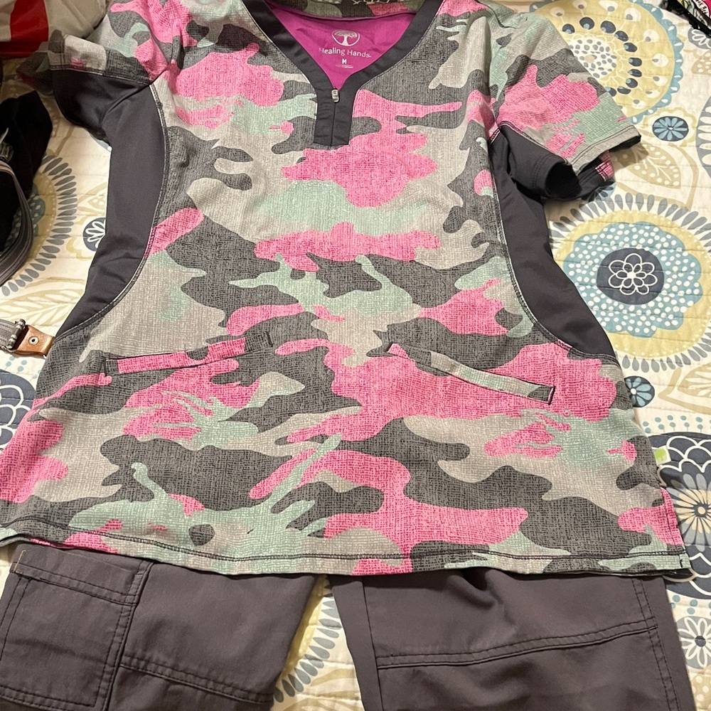 Healing Hands and Wink Pink and Gray Camouflage Scrub Set 2 tops/1 pair of pants